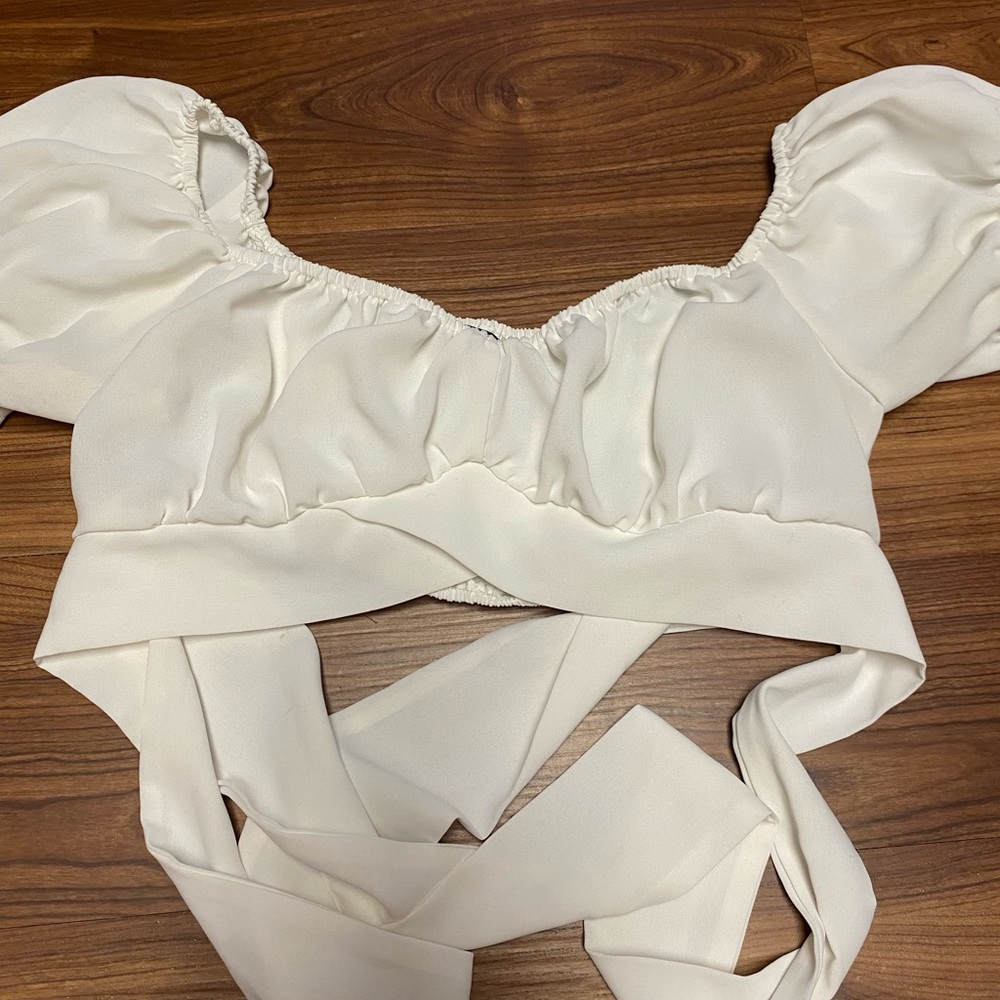 white crop top shirt ties in the back!